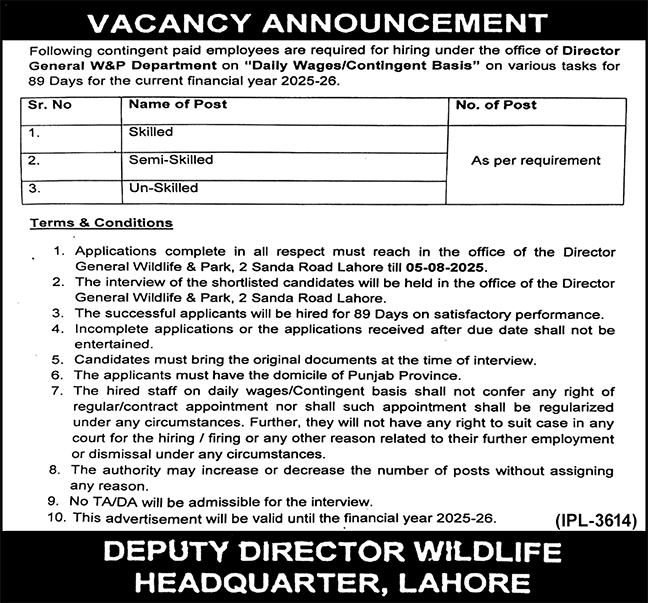Jobs in General W&P Department Lahore